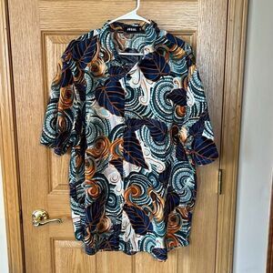 JOGAL Blue Brown Palm Leaf Geometric Print Short Sleeve Button Front XXL